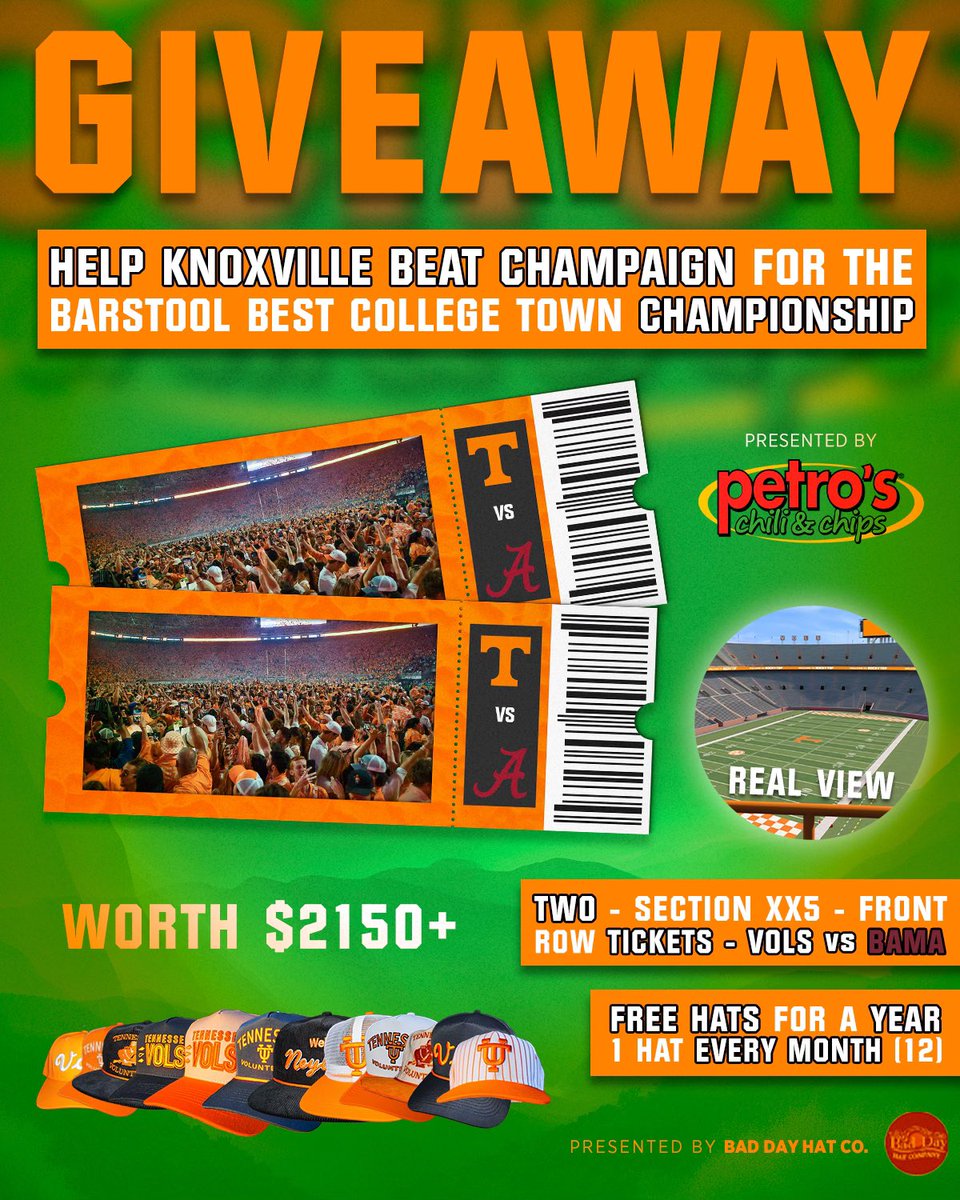 Barstool Rocky Top (@barstooltenn) on Twitter photo Knoxville crowned Best College Town🤝Winning 2 FRONT ROW tix to Alabama vs. Tennessee
🚨TO ENTER THE GIVEAWAY YOU MUST:
1. Like this post and reply with #KnoxvilleBCT
2. Retweet the pinned post on our profile.
3. MUST BE FOLLOWING <a href="/PetrosChili/">Petros Chili & Chips</a> & @BadDayHatCo TO BE ELIGIBLE👤 Knoxville crowned Best College Town🤝Winning 2 FRONT ROW tix to Alabama vs. Tennessee
🚨TO ENTER THE GIVEAWAY YOU MUST:
1. Like this post and reply with #KnoxvilleBCT
2. Retweet the pinned post on our profile.
3. MUST BE FOLLOWING <a href="/PetrosChili/">Petros Chili & Chips</a> & @BadDayHatCo TO BE ELIGIBLE👤