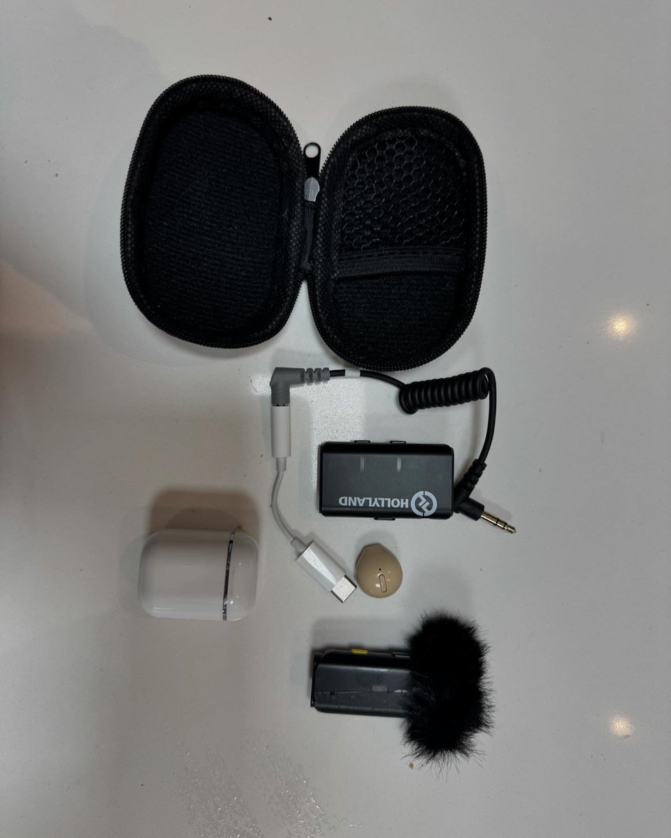 NicholasGarnett's tweet photo. My tiny broadcast-capable kit: wireless mic and receiver, cable and  BT earpiece for fallback to TV gallery. All for around £50 (ish).  Broadcasting on a shoestring. https://t.co/EPRKFvOxWR