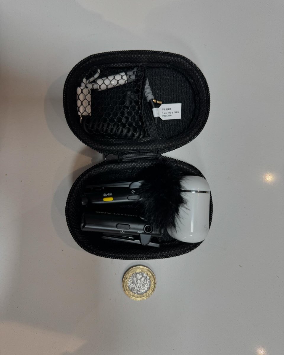 NicholasGarnett's tweet photo. My tiny broadcast-capable kit: wireless mic and receiver, cable and  BT earpiece for fallback to TV gallery. All for around £50 (ish).  Broadcasting on a shoestring. https://t.co/EPRKFvOxWR