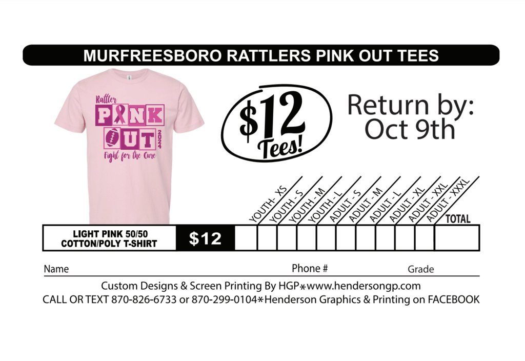 Pink Out is  October 18th. If you would like to buy a shirt, please return the forms to the school by October 9th.