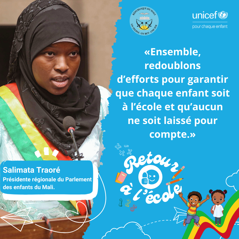 unicefmali's tweet photo. «Ensemble, redoublons d’efforts pour garantir que chaque enfant soit à l’école et qu’aucun ne soit laissé pour compte.»

Salimata Traoré
Présidente régionale du Parlement des enfants du Mali.

#BackToLearning https://t.co/ohTMYIlTRd