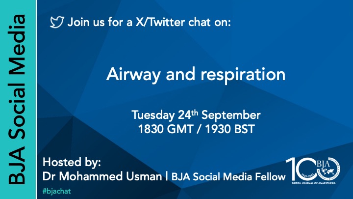British Journal of Anaesthesia (@bjajournals) on Twitter photo Welcome to our <a href="/BJAJournals/">British Journal of Anaesthesia</a> Twitter Chat on Airway Management hosted by <a href="/_tomabbott/">Tom Abbott</a> & <a href="/usman_adinoyi/">Mohammed Adinoyi USMAN</a>. Tonight, we are joined by <a href="/audreydejongMD/">Audrey De Jong</a>, <a href="/AnneryGarciaMa1/">Annery Garcia-Marcinkiewicz, MD, MSCE</a> & <a href="/elboghdadly/">Kariem</a>
Donโt forget to use the hashtag #bjachat with every tweet.
Send us your questions now. #bjachat Welcome to our <a href="/BJAJournals/">British Journal of Anaesthesia</a> Twitter Chat on Airway Management hosted by <a href="/_tomabbott/">Tom Abbott</a> & <a href="/usman_adinoyi/">Mohammed Adinoyi USMAN</a>. Tonight, we are joined by <a href="/audreydejongMD/">Audrey De Jong</a>, <a href="/AnneryGarciaMa1/">Annery Garcia-Marcinkiewicz, MD, MSCE</a> & <a href="/elboghdadly/">Kariem</a>
Donโt forget to use the hashtag #bjachat with every tweet.
Send us your questions now. #bjachat