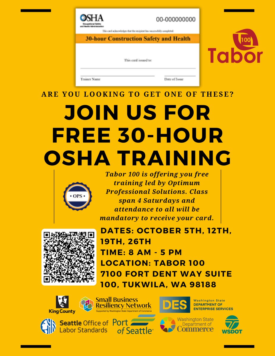 Tabor 100 is looking to give you a free OSHA 30 certification 🤗.

Sign up for your 30-hour OSHA certification today!
forms.gle/5aSNrJLScVdWXA…

#Tabor100 #wa #tukwila #constructionlife #constructionsite #constructionworker #OSHA #iykyk