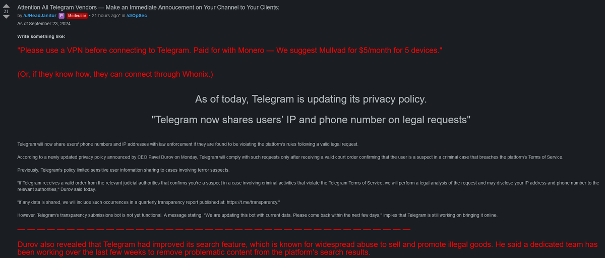 DarkWebInformer's tweet photo. 💡Dread Thread: "Attention All Telegram Vendors — Make an Immediate Announcement on Your Channel to Your Clients" https://t.co/AHStH35OL6