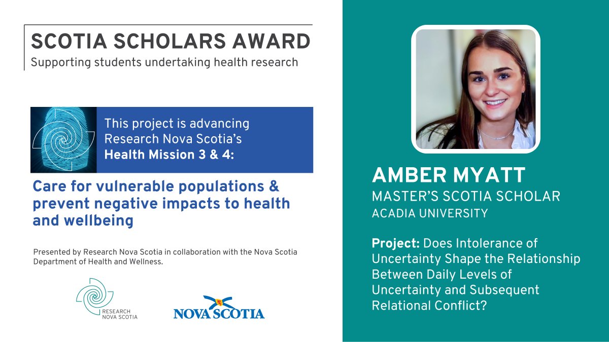 Congrats to Amber Myatt at @acadiau for receiving a Scotia Scholars Master’s Award!

Amber will explore Intolerance of Uncertainty’s role in daily levels of uncertainty &amp; relational conflict, advancing our mission to prevent negative impacts to health &amp; wellbeing

(1/2)