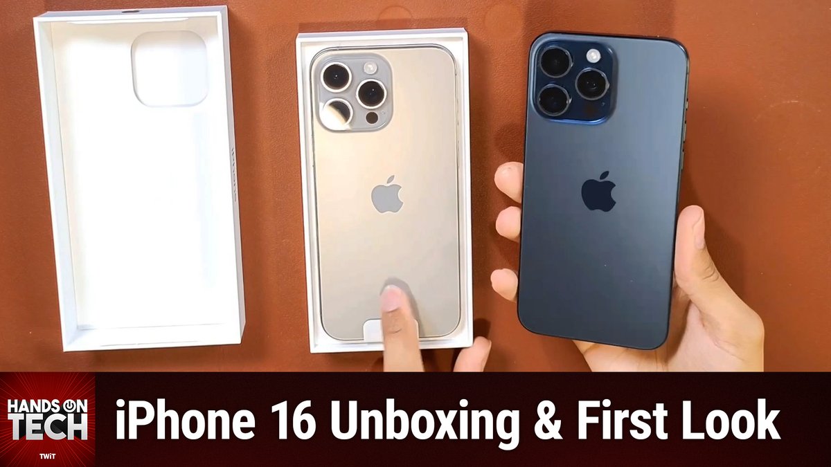 TWiT's tweet photo. 🔥 @MikahSargent unboxes the brand-new iPhone 16 Pro on Hands-On Tech! 📦 Get the first look, hear what's new, and find out what's still missing—like @Apple Intelligence, coming soon in October! 🍏 #iPhone16Pro #HandsOnTech  Download and subscribe here: https://t.co/rrJhSy2yhl https://t.co/cKhBEMDAvE