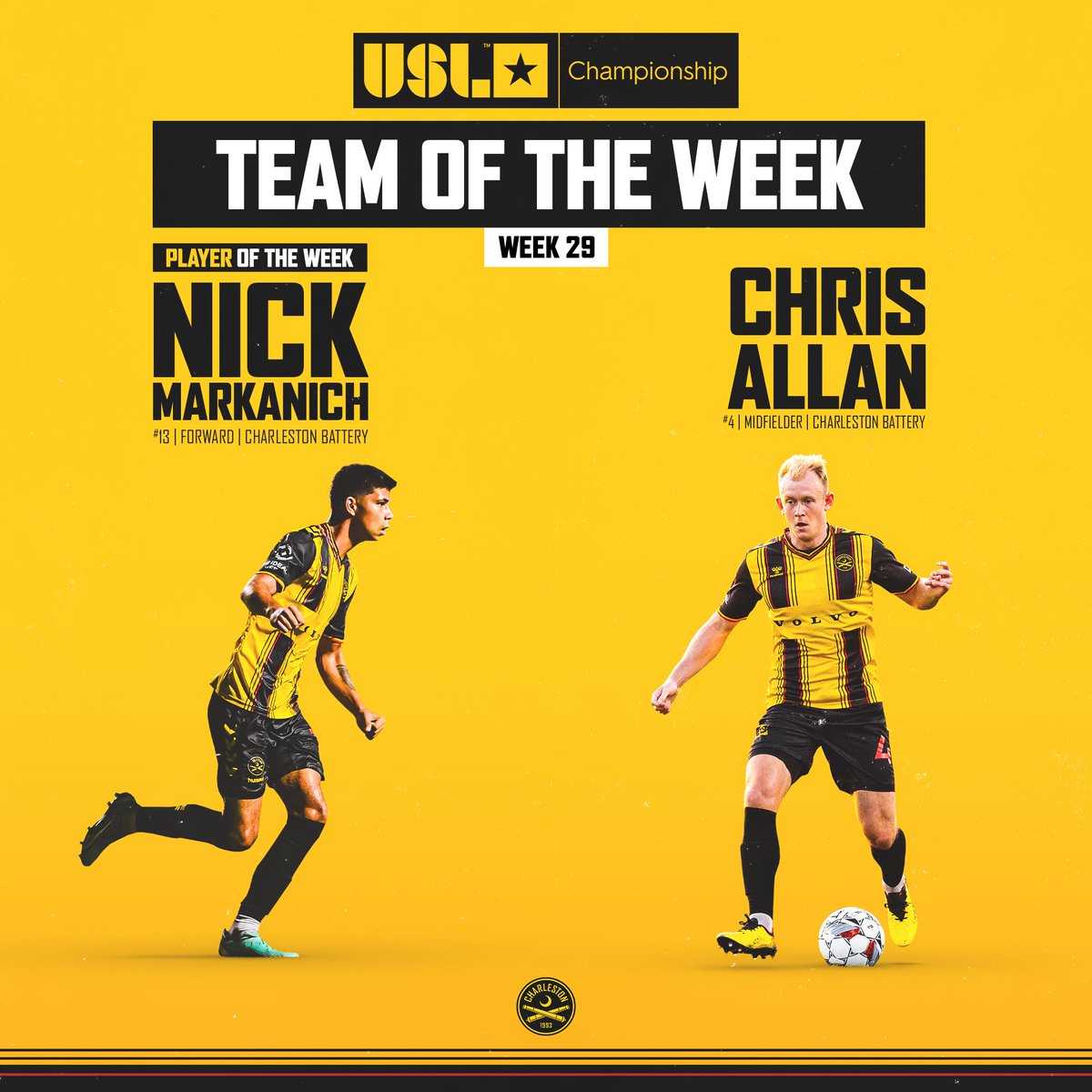 Charleston Battery (@chas_battery) on Twitter photo ๐
๐ช๐ฒ๐ฒ๐ธ ๐ฎ๐ต'๐ ๐ณ๐ถ๐ป๐ฒ๐๐ ๐
๐ <a href="/Nmarkanich/">Nick Markanich</a>
โญ๏ธ <a href="/chrisallan10/">Chris Allan</a>
Congrats to these two on headlining the Team of the Week! ๐
All the details ๐๏ธ bit.ly/3MX8E0g ๐
๐ช๐ฒ๐ฒ๐ธ ๐ฎ๐ต'๐ ๐ณ๐ถ๐ป๐ฒ๐๐ ๐
๐ <a href="/Nmarkanich/">Nick Markanich</a>
โญ๏ธ <a href="/chrisallan10/">Chris Allan</a>
Congrats to these two on headlining the Team of the Week! ๐
All the details ๐๏ธ bit.ly/3MX8E0g