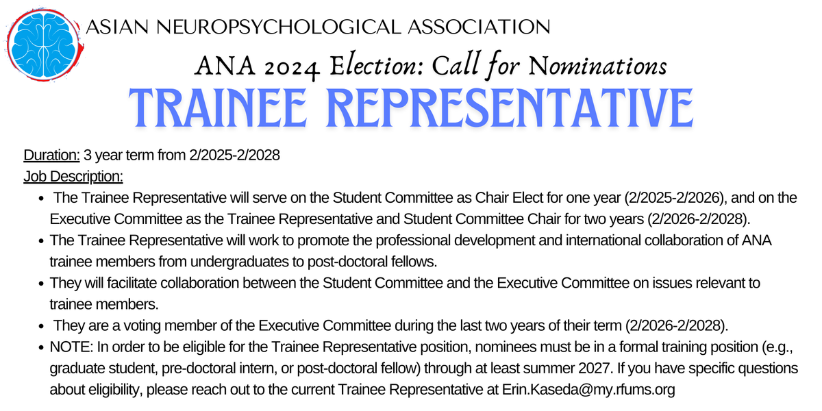 Nominations Call! The ANA Membership committee is proud to announce the 2024 elections for Member-At-Large, Secretary, &amp; Trainee Representative Elect! Send nominations (CV, headshot, manifesto): membership.ana@gmail.com by 10/27/2024 5PM PST #neuropsychology #AsianNeuropsych #ANA