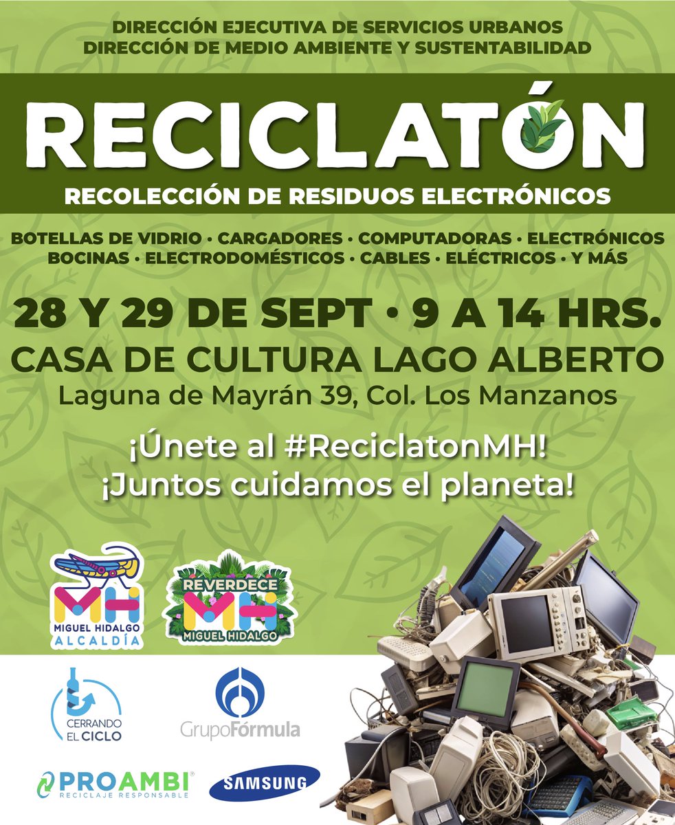 ¡Únete al #ReciclatónMH♻️ de la <a href="/OlaMHmx/">Servicios Urbanos MH</a> con el apoyo de Grupo Fórmula!

Si tienes botellas de vidrio, cargadores, computadoras, electrónicos, bocinas, cables y mucho más, es momento de que los recicles, así juntos cuidaremos de nuestra alcaldía para tenerla libre de basura