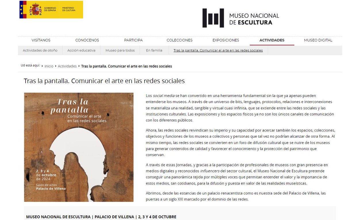 Tras la🖥️Comunicar #arte en #RedesSociales
2-4 Oct en <a href="/MuseoEscultura/">Museo Nacional de Escultura</a> <a href="/sararubayo/">Sara Rubayo</a>  <a href="/Unsereno/">El Sereno de Madrid - Sonia Taravilla</a> <a href="/SocialCultura/">La Cultura Social - Nacho Granero</a> <a href="/Jose_D_Navarro/">José Daniel Navarro</a> <a href="/elbarroquista/">El Barroquista</a> JSTerreros <a href="/museodelprado/">Museo del Prado</a> <a href="/eldadodelarte/">Pilar DM</a> <a href="/LaHuellaRomnica/">La Huella Románica</a> <a href="/RomanicoEspana/">Románico en España</a> <a href="/DeigenitrixES/">Deigenitrix</a> @krispamparo <a href="/MarteVelazquez/">Marte de Velázquez</a>
cultura.gob.es/mnescultura/ac…