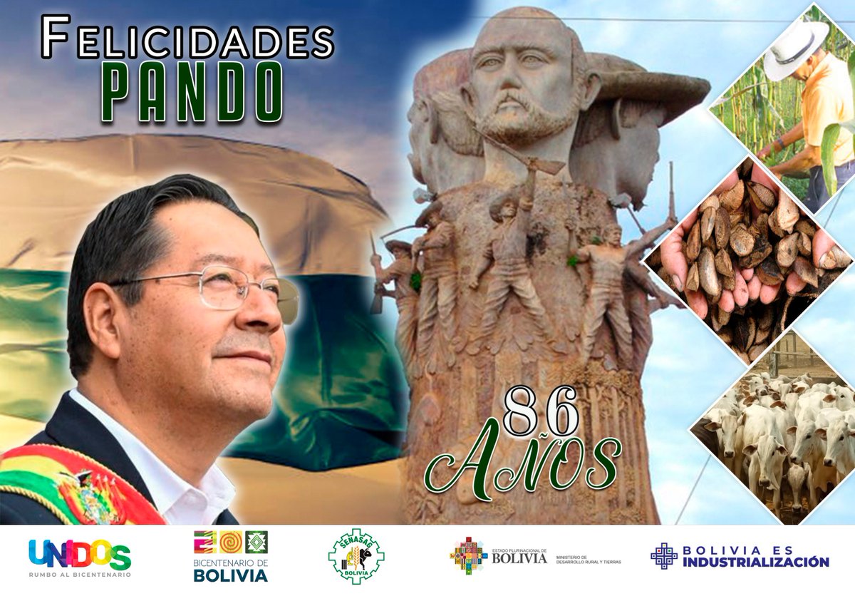 #Senasag
!#FelicidadesPando!
Desde el Servicio Nacional de Sanidad Agropecuaria e Inocuidad Alimentaria (SENASAG), felicitamos al Departamento de Pando en sus 86 años de creación, ratificando nuestro compromiso de trabajando incansablemente para hacer de esta región productiva.