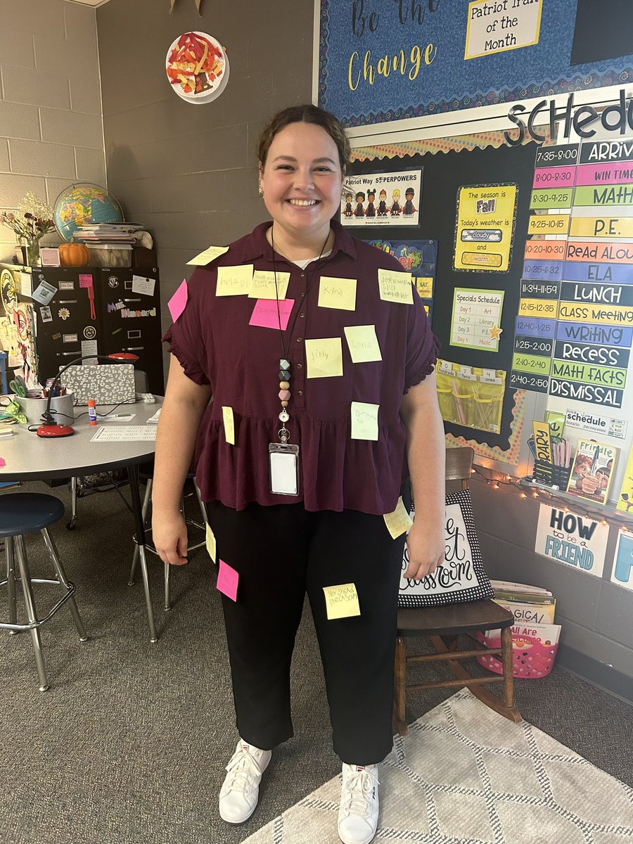 Working on identifying character traits using Miss Vickers as our “character”! Students had to write a trait and share their evidence or proof.