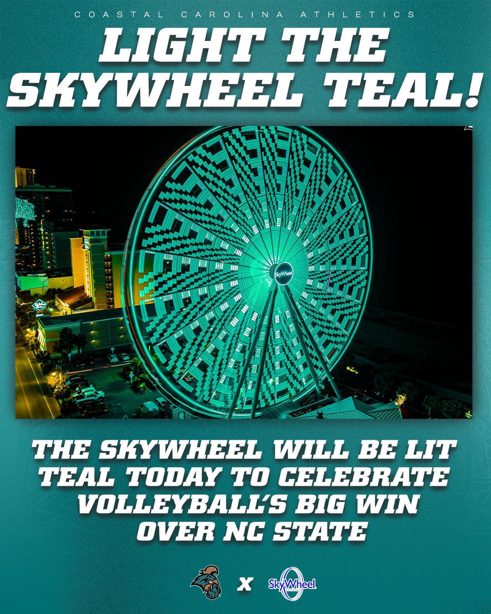 Coastal Carolina Athletics (@goccusports) on Twitter photo Celebrating a huge victory! The Skywheel is lit teal today in honor of <a href="/CoastalVball/">CCU Volleyball</a> incredible win over NC State! Go check it out ๐๐ Celebrating a huge victory! The Skywheel is lit teal today in honor of <a href="/CoastalVball/">CCU Volleyball</a> incredible win over NC State! Go check it out ๐๐