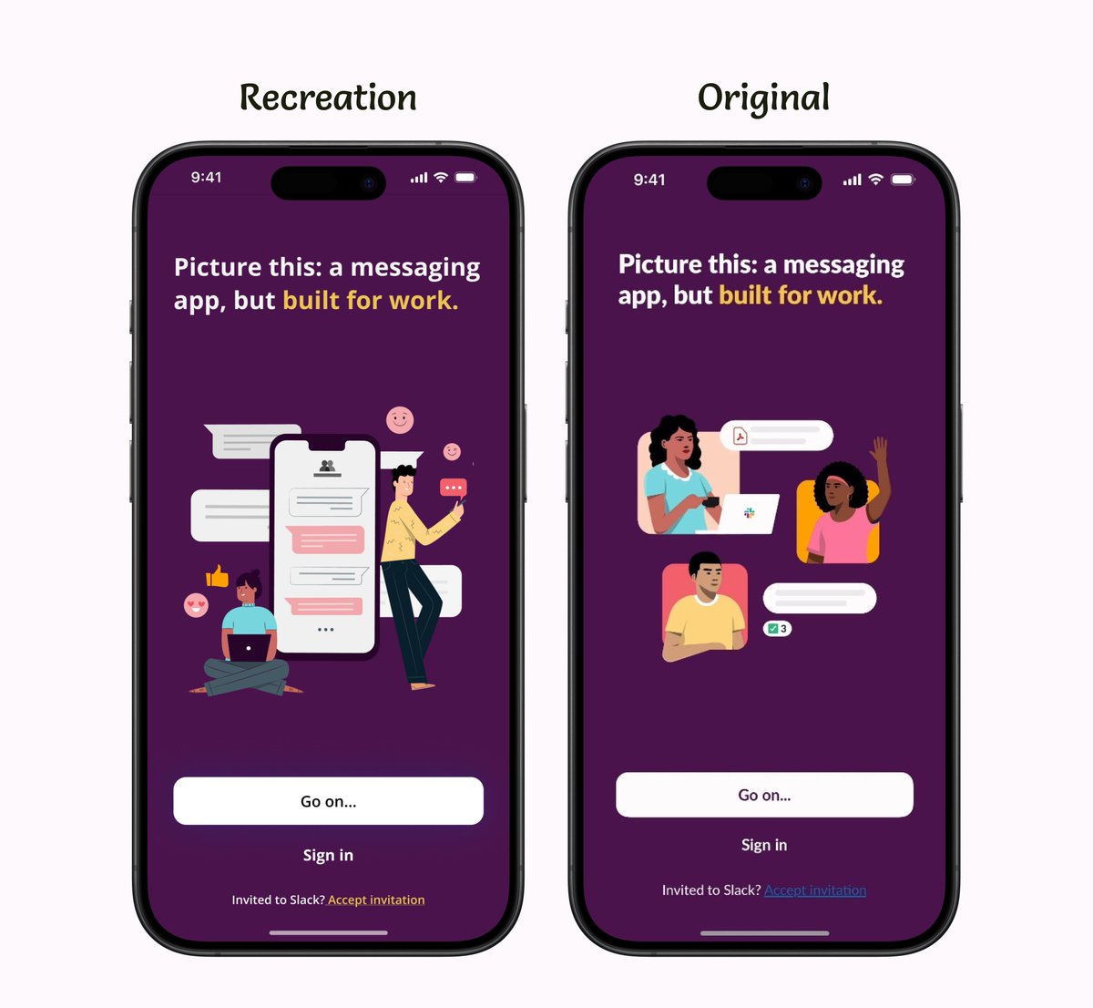 Excelia_design's tweet image. Day 18 but Day 4 of @DezinDesign's #30dayMobbinDesignChallenge!
The task was to recreate a slack's screen and improve it where necessary.
The "accept invitation" link lacks contrast, so I opted for the secondary color.
What are your thoughts??
#UIUX #MobileDesign