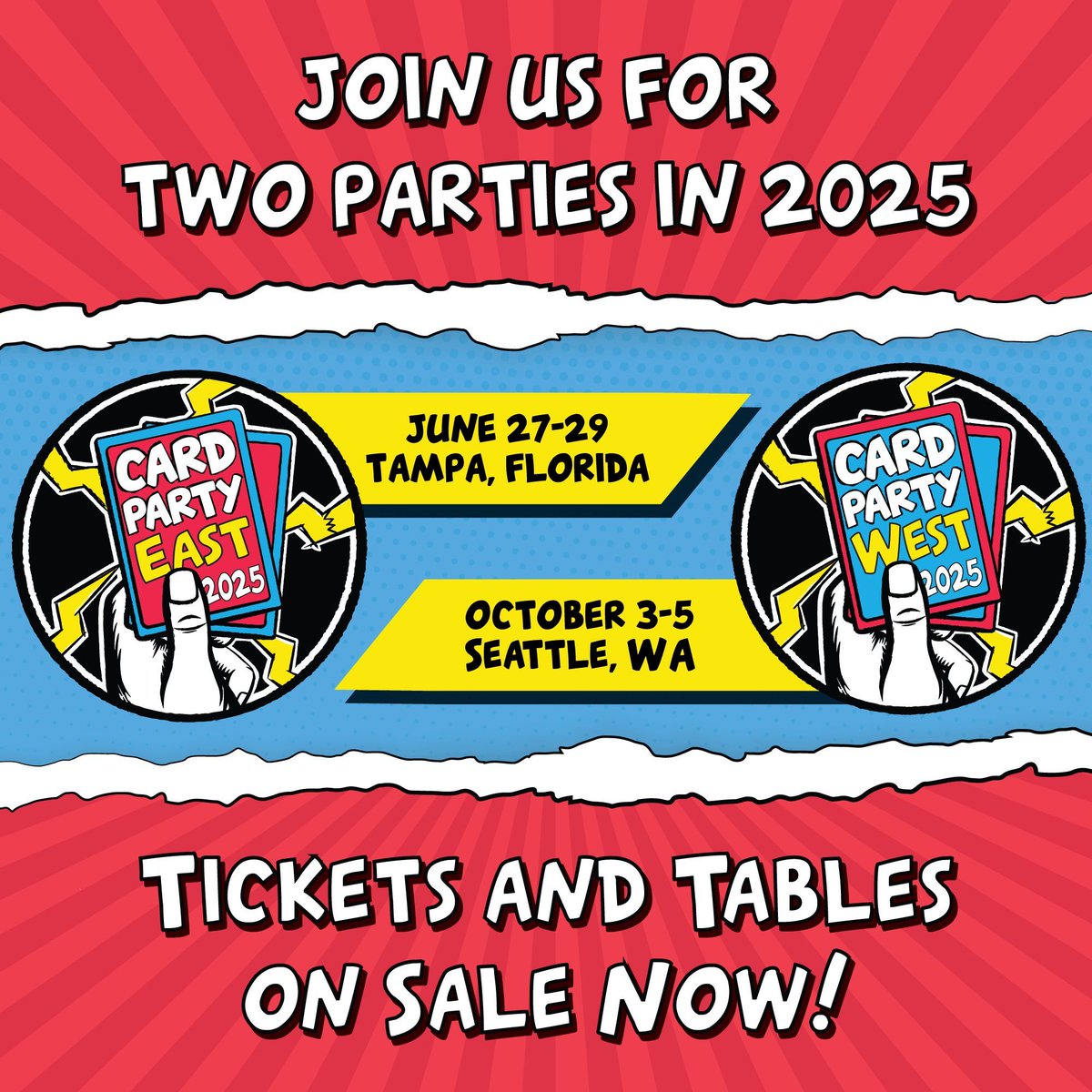 CardPartyHQ's tweet photo. Are you ready?! Tickets and tables for Card Party 3 are now on sale! Oh and we didn't forget, the big reveal is out - Seattle‼️ We're coming for you this October! Go grab your tickets now 👉 https://t.co/scuKArIa3j #CardParty3 https://t.co/2ns5w7YsSv