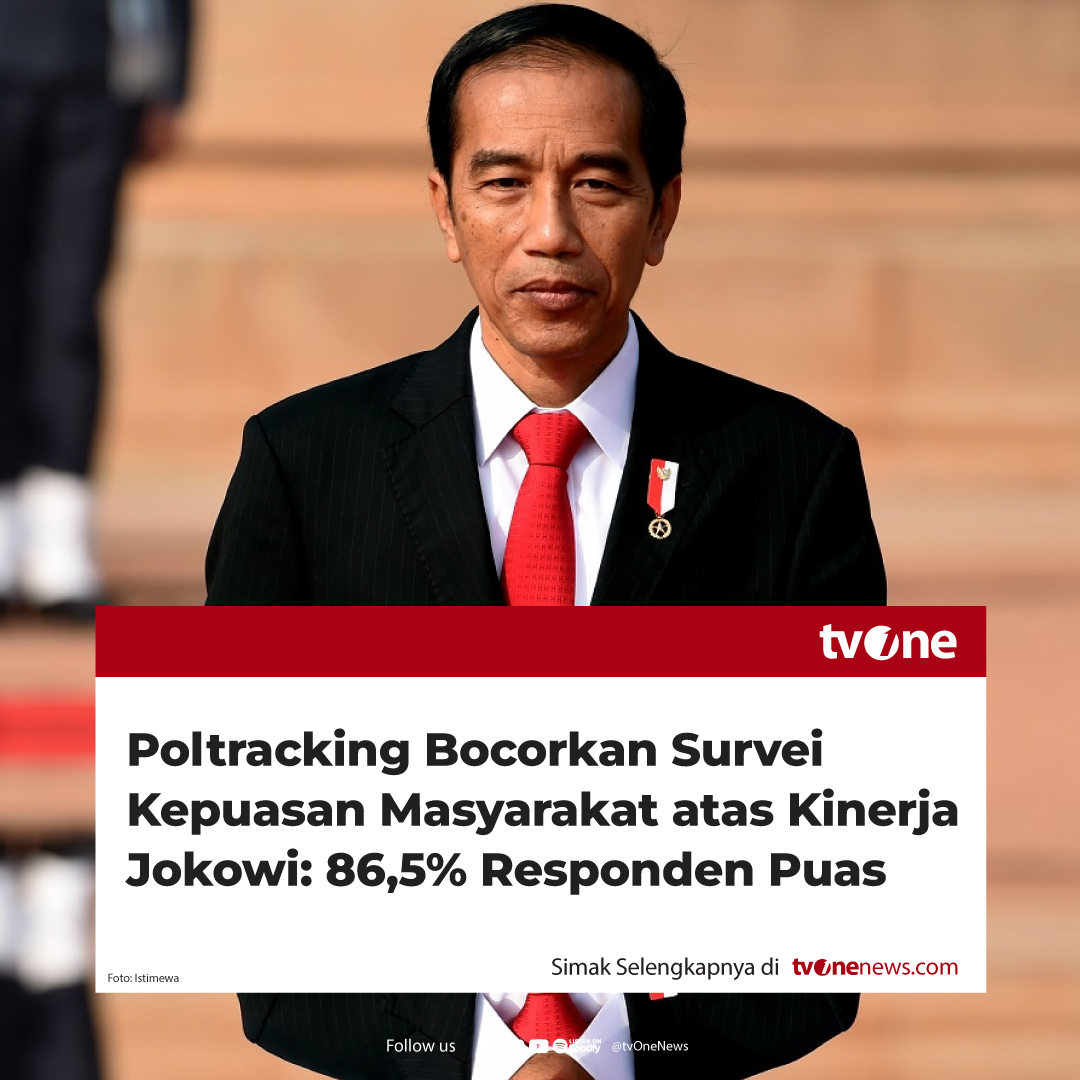 Poltracking Indonesia baru-baru ini bocorkan hasil survei kepuasan masyarakat terhadap kinerja Presiden Jokowi. Dalam survei itu, 86,5% responden mengaku puas dengan kinerja Jokowi.

Diketahui, survei dilakukan pada 8 hingga 14 September 2024. Populasi survei adalah warga