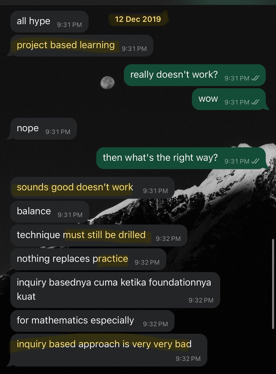 I must admit guilty here.

Saya termasuk yang mengira project-based learning itu bagus. Termasuk yang dulu mengira drill latihan &amp; hafalan itu nggak bagus. Musti interaktif dengan inquiry-based learning.

Seorang teman yang pendidik sejak 2019 sudah memperingatkan saya bahayanya.