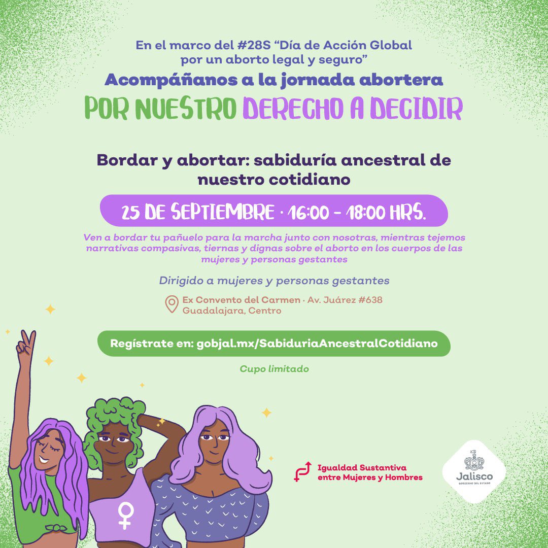 Mañana las esperamos en el Exconvento del Carmen para bordar los pañuelos verdes que podrán usar en la marcha mientras platicamos sobre nuestras experiencias viviendo, acompañando o defendiendo el derecho al aborto.

En el evento les proporcionaremos todos los materiales.