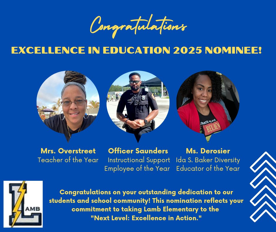 CONGRATULATIONS to our EIE Nominees! Recognized for their dedication to our school community, these individuals embody our theme, 'Next Level: Excellence in Action,' &amp; will proudly represent <a href="/HCPSLambES/">Lamb Elementary</a>. Let's celebrate their hard work! #LightningLove💙💛 <a href="/HillsboroughSch/">Hillsborough Schools</a>