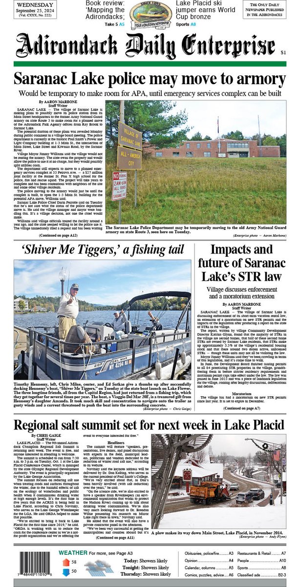 Today's front page: Saranac Lake police may move to armory. Impacts and future of Saranac Lake’s STR law. And regional salt summit set for next week in Lake Placid.

Read these stories and more at adirondackdailyenterprise.com