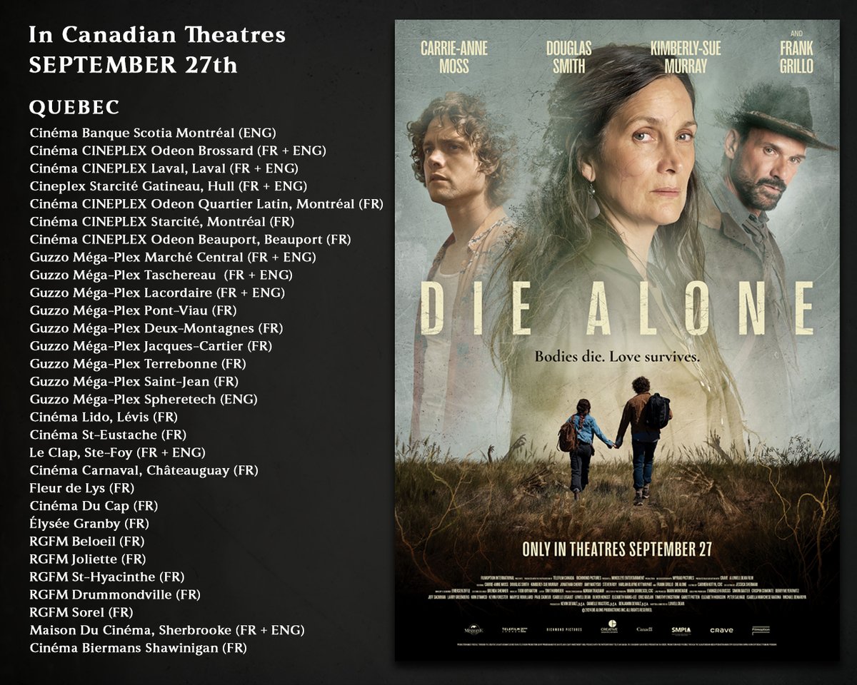 Our post-apocalyptic love story "DIE ALONE" is in Canadian theatres 🇨🇦 starting FRIDAY! Check your local listing (or click below) to see if we're in your city. 💀🌿❤️#DieAloneMovie #Canada #CanadaFilm #IndieFilm #Filmmaking #CarrieAnneMoss