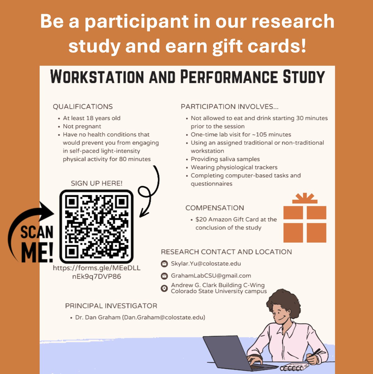 CSU_behav_lab's tweet image. Welcome to the Graham Behavioral Medicine Lab's official Twitter Page!
🤩We are looking for volunteers to participate in our research study (and you get paid with gift cards). If you are in Fort Collins, check out the third image!👇
#fortcollins #behavioralmedicine #research