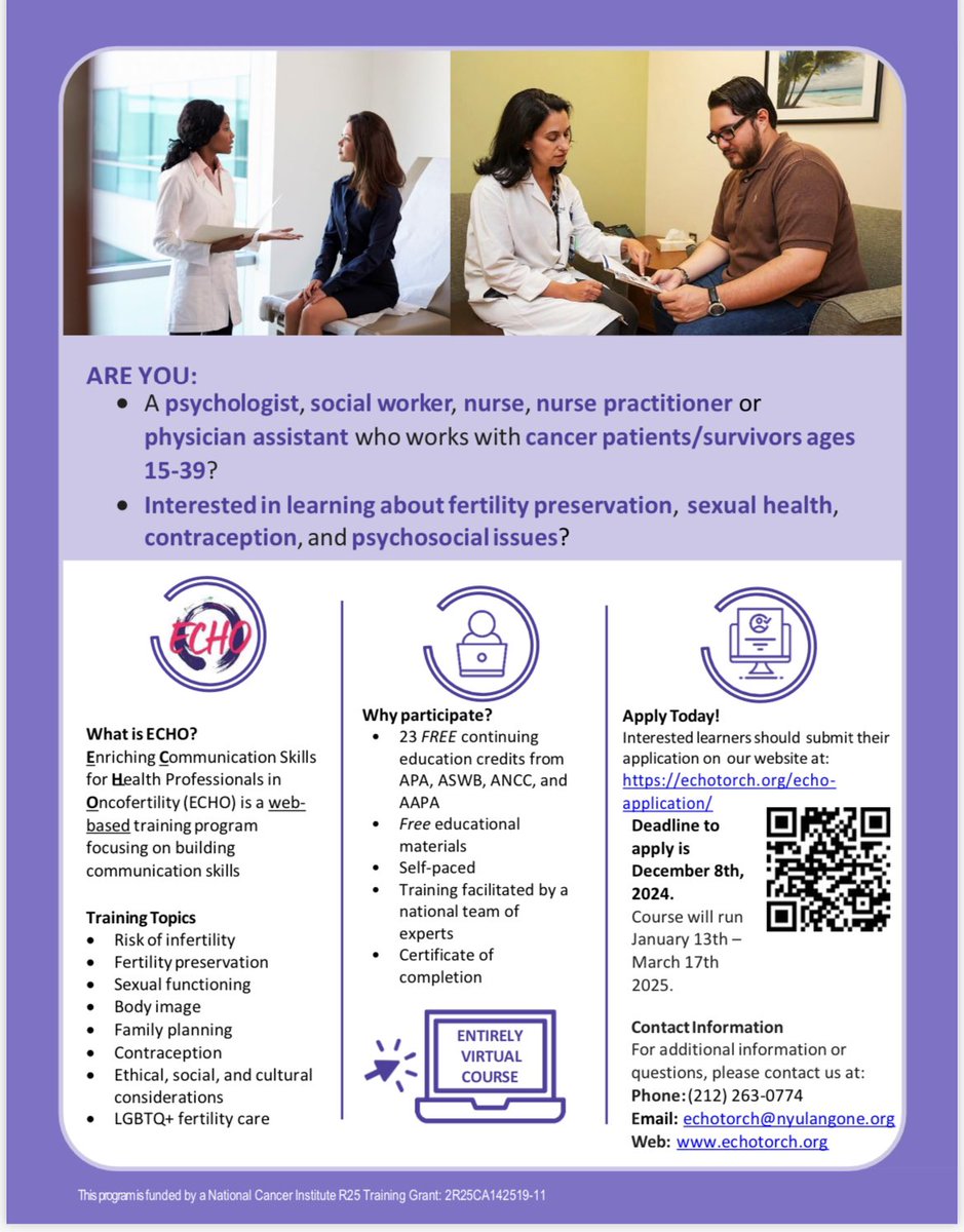 Susan Vadaparampil (@svadaparampil) on Twitter photo Are you a health care professional who works with adolescent and young adult patients? Consider applying to our NCI funded Enriching Communication Skills for Health Professionals in Oncofertility (ECHO) at: echotorch.org/echo-applicati…
led by <a href="/nyuniversity/">New York University</a> & <a href="/MoffittNews/">Moffitt Cancer Center</a> Are you a health care professional who works with adolescent and young adult patients? Consider applying to our NCI funded Enriching Communication Skills for Health Professionals in Oncofertility (ECHO) at: echotorch.org/echo-applicati…
led by <a href="/nyuniversity/">New York University</a> & <a href="/MoffittNews/">Moffitt Cancer Center</a>