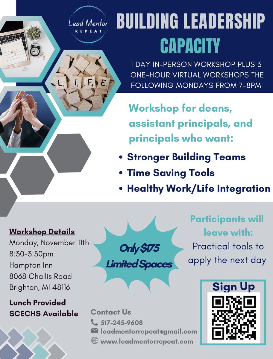 Principals, Assistant Principals, and Deans who are looking to build their team’s leadership capacity, increase time management, and create a more positive work/life integration check out this workshop in Brighton. #LeadershipCapacity