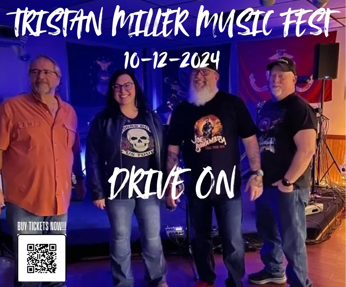 Share! 🌹
TMF Presenting DRIVE ON performing at the 2024 Tristan Miller Music Fest!
Click on the QR Code to buy your tickets NOW!
