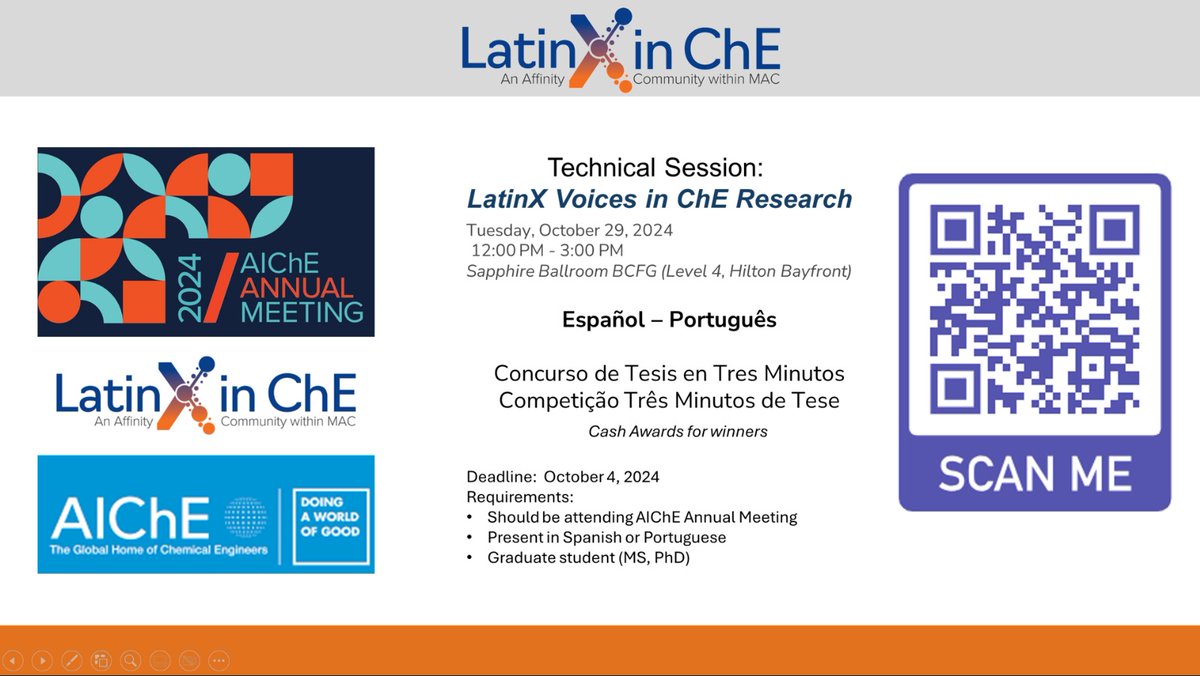 If you are attending  #AIChE2024 #AIChEAnnual this October in San  Diego and want to participate in our 3-minute thesis competition in Spanish/Portuguese, make sure to  register. See more details below.

Register here 🔗 shorturl.at/Eu450 or using the  QR code
