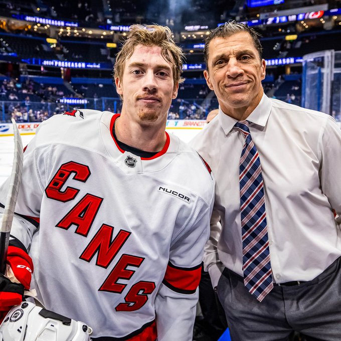 Photo of Rod and Skyler Brind'Amour posing for a photo before tonight's Canes/Lightning preseason game 