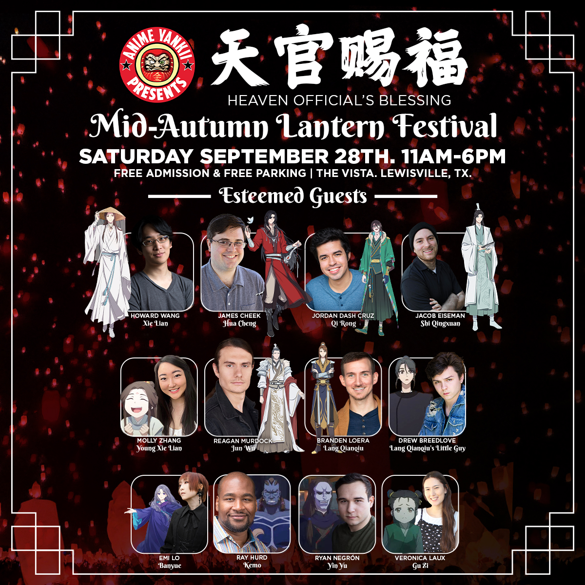 AnimeYankii's tweet image. 🦋 Join us Saturday for our Heaven Official’s Blessing event at The Vista in Lewisville, TX!

@TheHowardWang 
@MaybeJamesCheek 
@DashCruzVA 
@JacobEisemanVA 
@mollozhang 
@ReaganMurdockVO 
@BrandLoVO 
@DrewBreedloveVA 
@KitsuneSqueak 
@RayHurdVoice_VO 
@RyanNegronVO 
@V_LauxVA