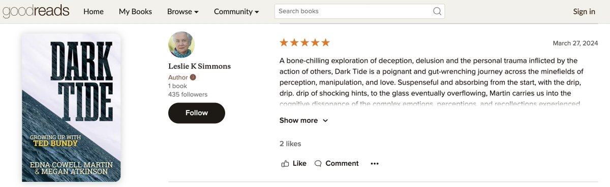 📖 Read Dark Tide? We want to hear from you!

Check out what readers are saying on <a href="/goodreads/">Goodreads</a>, like Leslie who calls it "a bone-chilling exploration of personal trauma."

Leave your review here: goodreads.com/book/show/2072… 🙌

#DarkTideBook #TrueCrime #BookReview