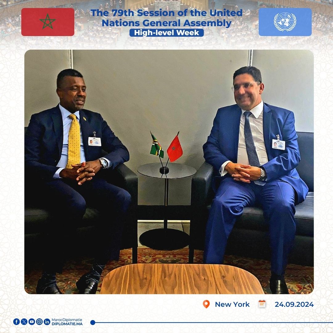 🇲🇦-🇩🇲 On the sidelines of the High-Level week of the 79th session of the United Nations General Assembly, MFA Nasser Bourita held talks, today in New York, with his counterpart from the Commonwealth of Dominica, Mr. Vince Henderson.
