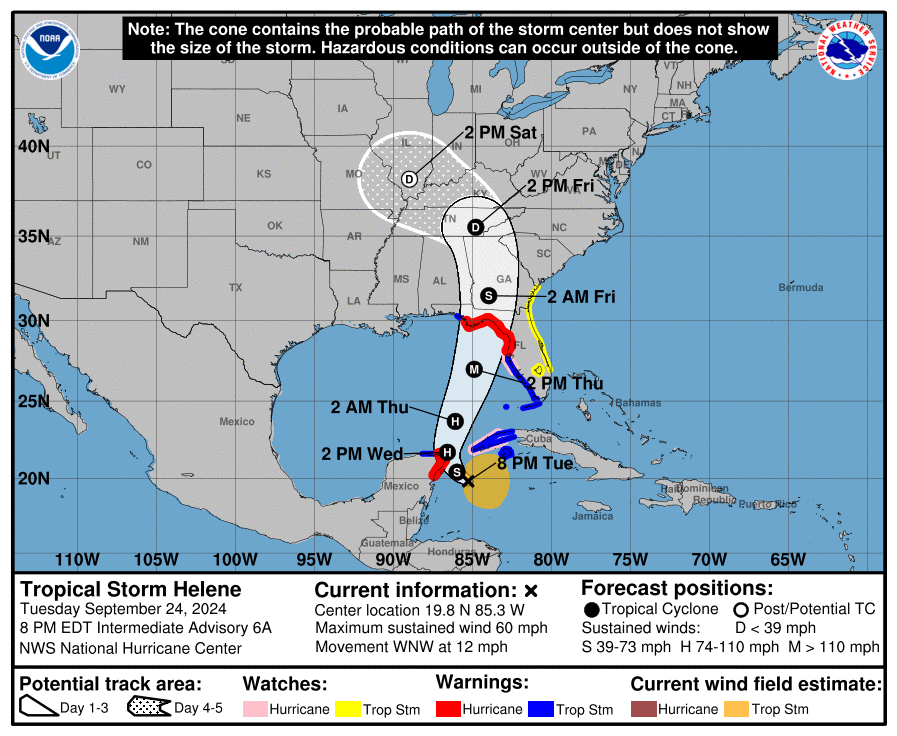 LimWeather's tweet photo. 60mph #TropicalStorm #Helene to peak at >115mph C3 MAJOR #Hurricane by #Florida #BigBend,SE US
ALL Interests there,W #Cuba,#Yucatan,#Mexico should begin preparations!
#Wxtwitter #wxx #Tropicswx #HurricaneSeason2024 #HurricaneSeason #FLwx #GAwx #TampaBay #HurricaneHelene #Georgia https://t.co/YzB9WkGLtY
