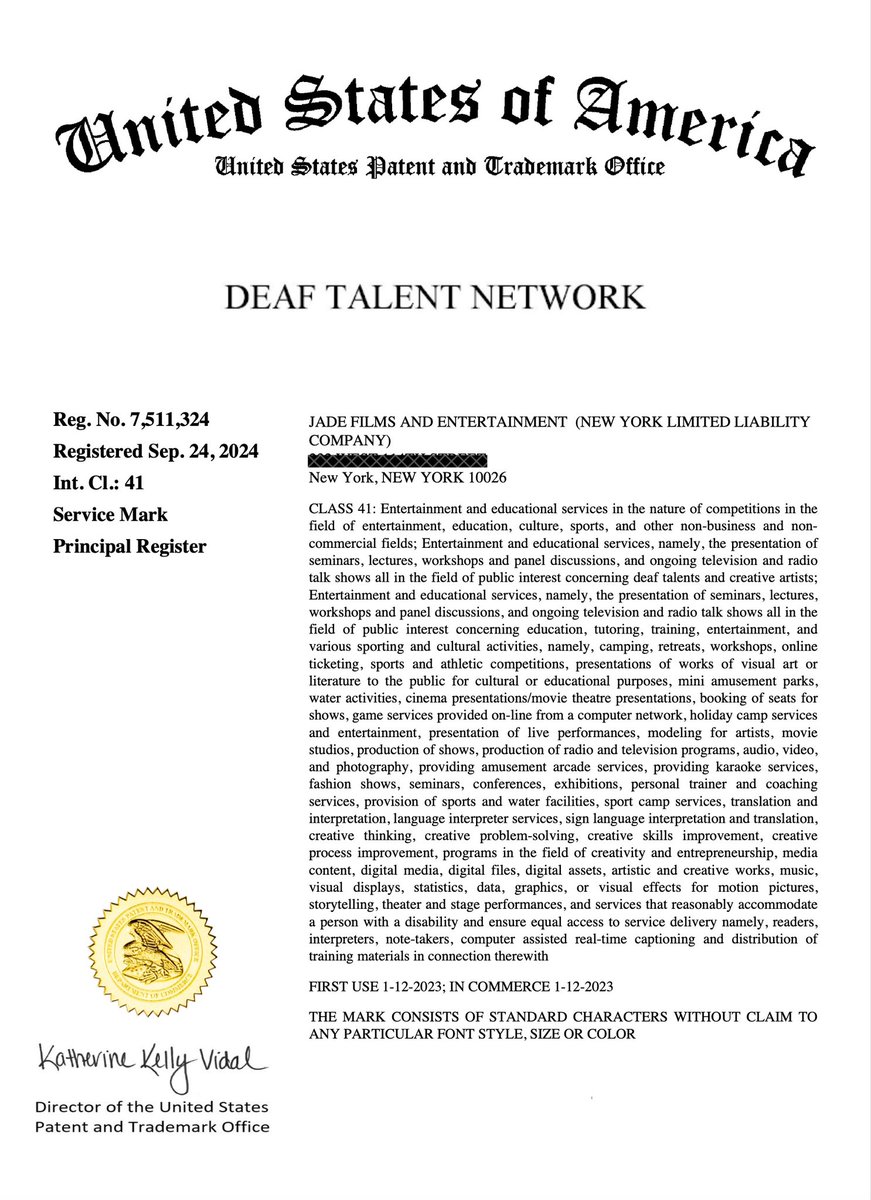 In the name of elevation, we proudly announce the registration of DEAF TALENT NETWORK®, a testament to our unwavering commitment to talent, creativity, and excellence.

#DeafTalent #DeafTalentNetwork #DeafTalentMedia #DeafTalentCreativeLab #Trademark #USPTO 
#IntellectualProperty