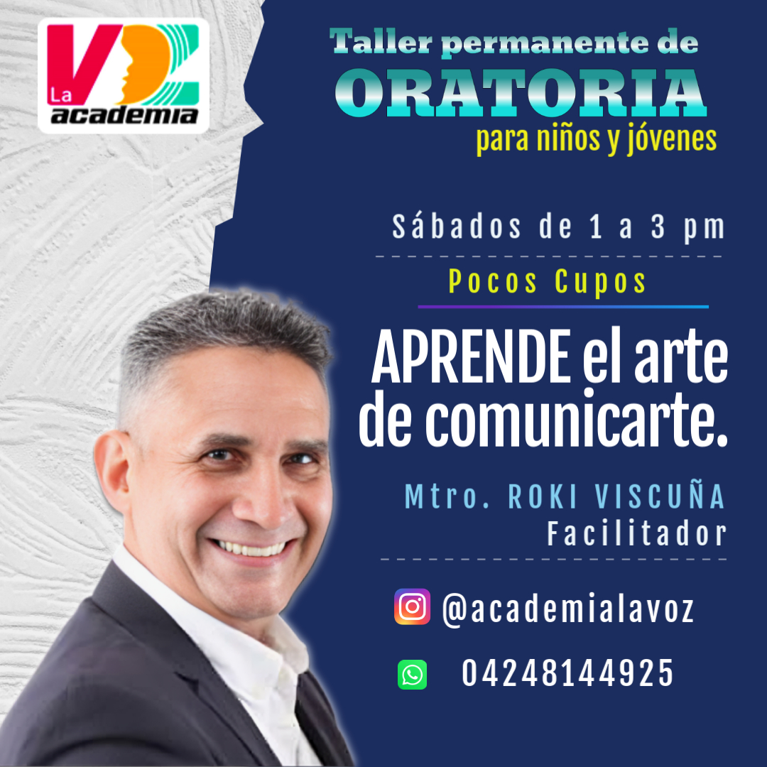 rokiviscuna's tweet photo. ¿Quieres que tu hijo o hija se exprese con confianza y claridad? ¡Tenemos la solución perfecta!
Inscríbelo en nuestro Taller Permanente de Oratoria impartido por el reconocido maestro Roki Viscuña, un reconocido locutor, director coral. https://t.co/TDdboPDFXY