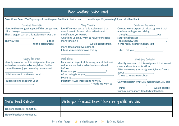 🤝 Create a culture of constructive &amp; caring peer feedback. 

Use my #ChoiceBoard for structured &amp; effective student responses: bit.ly/46cSSWI 

#StudentFeedback #EdChat #EduTwitter #PlaylistModel #BlendedLearning