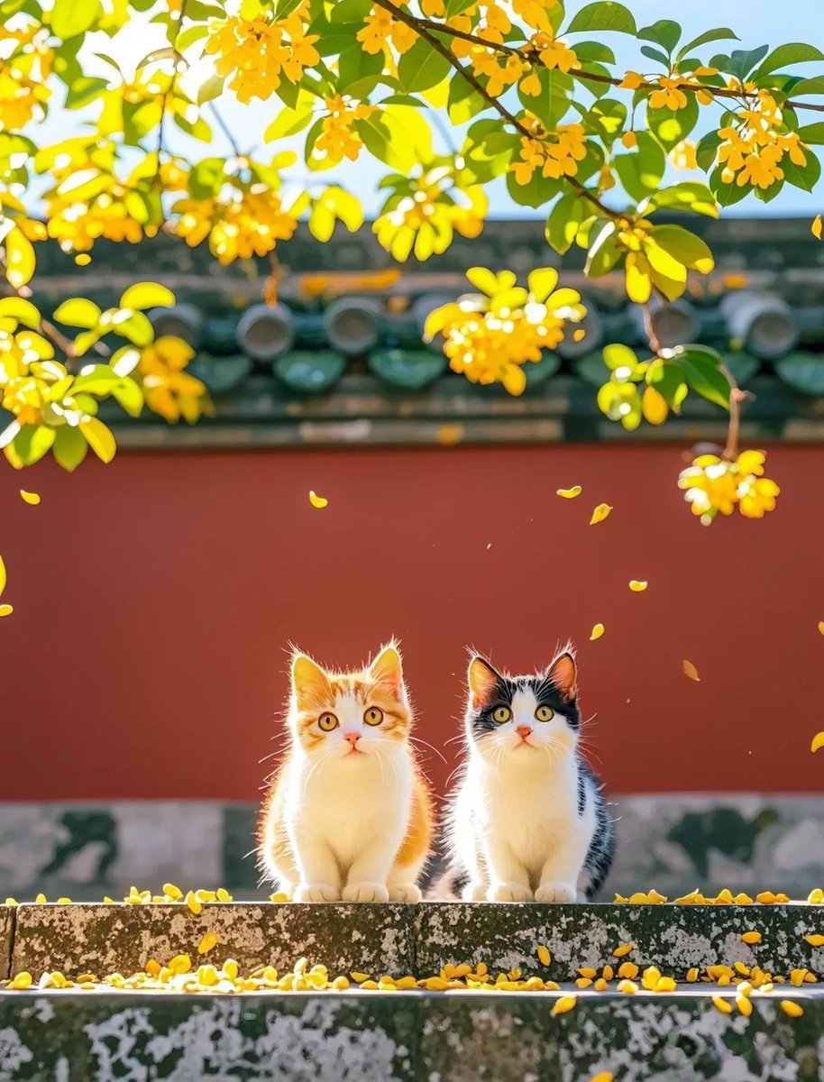 The cat is immersed in the autumn scenery.