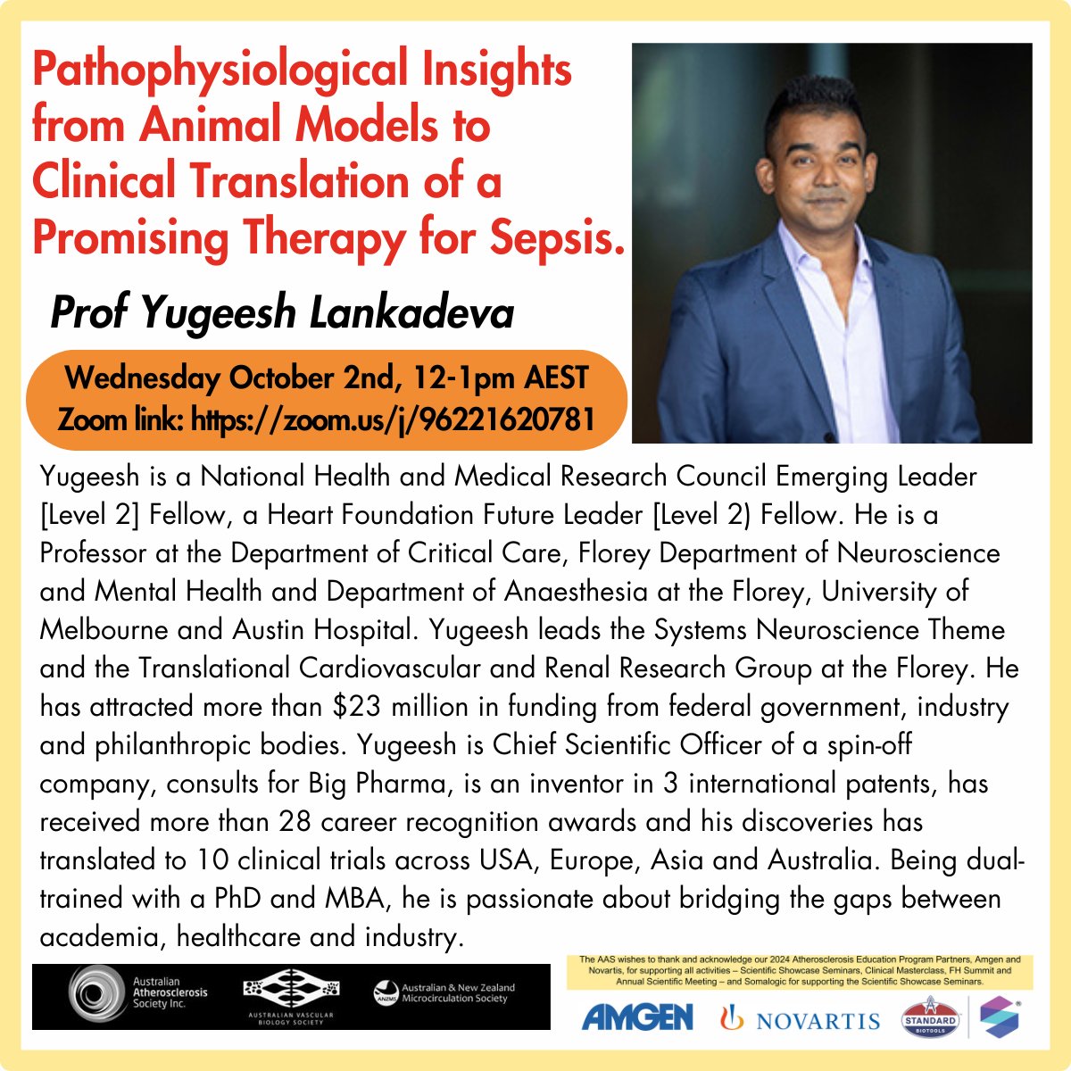Vicki Hinkley (@vicki_hinkley) on Twitter photo Join us next Wed October 2nd 12-1pm, for our next online seminar featuring <a href="/Yugeesh_L/">Yugeesh Lankadeva</a> 'Pathophysiological Insights from Animal Models to Clinical Translation of a Promising Therapy for Sepsis.'
<a href="/ANZMS2/">@ANZMS</a> <a href="/AVBS_org/">Australian Vascular Biology Society</a> <a href="/atheroaussie/">AAS</a>
Zoom link: lnkd.in/geXhxBbN
Passcode: 252119 Join us next Wed October 2nd 12-1pm, for our next online seminar featuring <a href="/Yugeesh_L/">Yugeesh Lankadeva</a> 'Pathophysiological Insights from Animal Models to Clinical Translation of a Promising Therapy for Sepsis.'
<a href="/ANZMS2/">@ANZMS</a> <a href="/AVBS_org/">Australian Vascular Biology Society</a> <a href="/atheroaussie/">AAS</a>
Zoom link: lnkd.in/geXhxBbN
Passcode: 252119