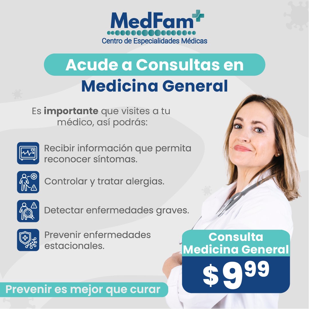 MedFam_ec's tweet photo. 🤕💡¿SIENTES ALGÚN MALESTAR, FIEBRE, DOLOR DE CABEZA O CANSANCIO? 

Es importante que ante el mínimo síntoma acudas al médico. 🌡️

En #MedFam, 🏥  nuestras consultas de Medicina Generalestán a tan solo $9.99 💥,

#Salud #MedicinaGeneral #CentroMedico #Duran #ElRecreo https://t.co/KckG1EevQH