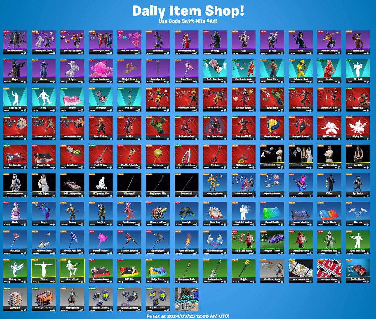 FNBR_Itemshop's tweet photo. Item Shop Update for 2024/09/25!

🔥 or 🗑

Consider using code 'Swift-Nite' if you are buying anything today! #EpicPartner https://t.co/CEXDZ7LJjH