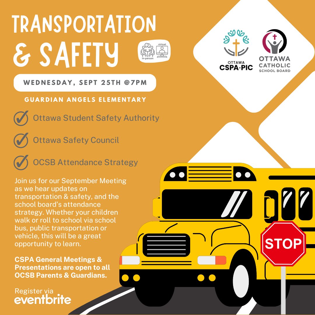 Reminder that our 1st meeting of the year is tomorrow night at <a href="/AngelsOCSB/">Guardian Angels School</a>.  Lots of discussions surrounding transportation &amp; safety <a href="/OttSchoolBus/">OSTA</a> <a href="/SafetyOttawa/">Ottawa Safety Council</a>, along w/the school board's attendance strategy. Register to join us in-person or virtually: OttawaCSPA.eventbrite.com