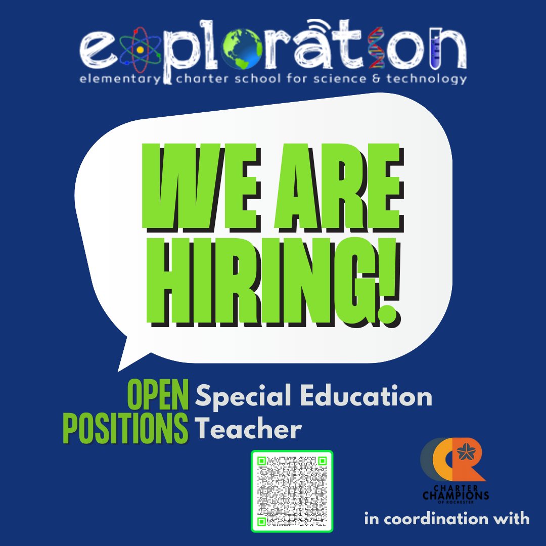 Position: Special Education Teacher
Join Our Exploration Team!
We are seeking a dedicated and certified Special Education Teacher to join our dynamic Exploration Team. 
Application Process: Please apply on our website: explorationrochester.org or apply with the QR code.