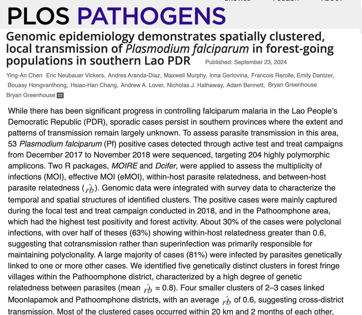 Genomic epidemiology demonstrates spatially clustered, local transmission of P falciparum in forest-going populations in southern Lao PDR in <a href="/PLOS/">PLOS</a> !

<a href="/DrChilennial/">Andrés Aranda-Díaz</a> <a href="/MxMrphy/">Max Murphy (he/him)</a> <a href="/innager01/">Inna Gerlovina</a> <a href="/RerolleFrancois/">Francois Rerolle</a> <a href="/hhchang318/">Hsiao-Han Chang</a> @AndrewALover <a href="/nj_hathaway/">Nicholas J Hathaway</a> <a href="/bgreenhouse1/">Bryan Greenhouse</a> journals.plos.org/plospathogens/…