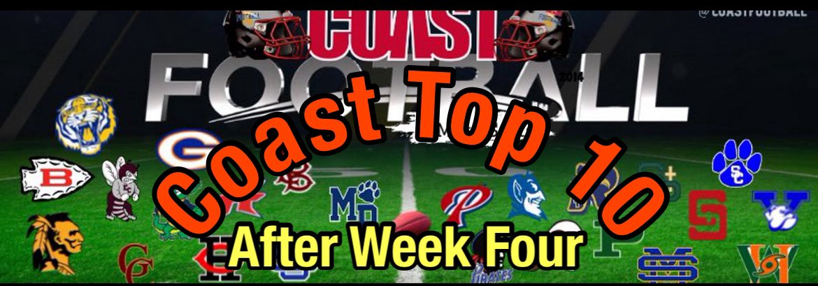 Coastfootball's tweet image. 🚨#CoastTop10 after #WeekFour 🏈

It was split last week, 5-Teams Won and 5-Teams lost in the Top 10. 

There were four teams in the Top 10 that played each other. 

Six Voters rank teams, then Strength of Schedule ranks teams, after the process, you have latest Top 10.
⬇️📊📊⬇️