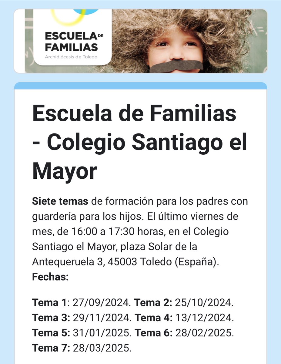 Comenzamos este viernes, 27 de septiembre, a las 16 horas, en el Colegio Santiago el Mayor. Ya estamos inscritas 16 familias. Anímate ¡Te esperamos!

Inscripción: forms.gle/EErxnTJ2SF19ZE…
