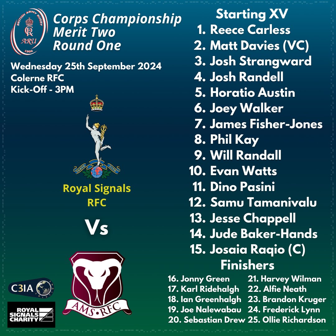 Royal Signals Rugby (@signalsrugby) on Twitter photo Royal Signals RFC Head Coach WO1 Dave Bates has named his team to face <a href="/SerpentRugby/">RAMS RUFC MENS</a> in tomorrow's opening round of the <a href="/AruCommunity/">ARU_Community</a> Corps Championship Merit 2 at <a href="/colernerfc/">colernerfc</a>
Kick off is at 3pm and all support is welcome. Royal Signals RFC Head Coach WO1 Dave Bates has named his team to face <a href="/SerpentRugby/">RAMS RUFC MENS</a> in tomorrow's opening round of the <a href="/AruCommunity/">ARU_Community</a> Corps Championship Merit 2 at <a href="/colernerfc/">colernerfc</a>
Kick off is at 3pm and all support is welcome.