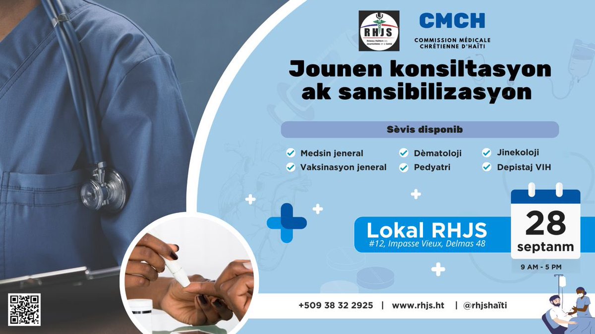 RhjsHaiti's tweet image. Rezo Ayisyen Jounalis Lasante (RHJS) ap envite nou nan yon jounen konsiltasyon, nan lokal li, nan jou k ap samdi 28 sektanm 2024 la. 
Pòt nou ap louvri pou tout moun, depi nan 9è nan maten pou rive 5è nan laprèmidi. 

#RHJS #Sante #journalisme!