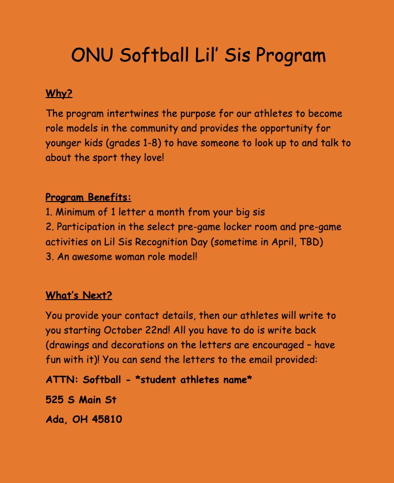 ONUSoftball's tweet image. 📢CALLING ALL PARENTS AND COACHES📢 

Do you have a young athlete that wants to be a part of our Little Sis program? This is a wonderful opportunity for our athletes to be role models to young softball players in the community! 

Sign up today 🐻‍❄️🧡

forms.gle/BrXAD8CCprBNMA…